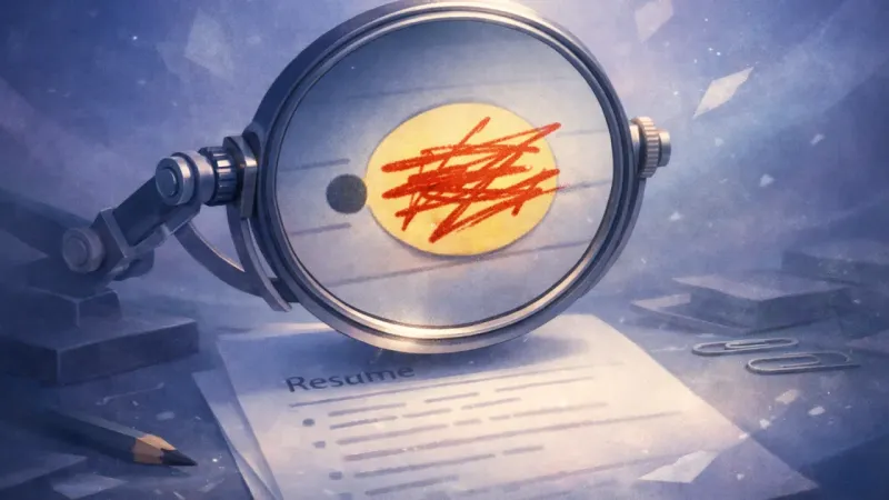 a magnifying mirror jammed inches above a resume, its reflection filled by one over-edited bullet The Microscopic Verdict