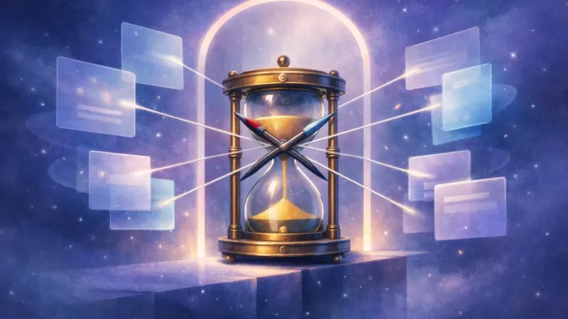 crossed compass needles held motionless by perfectly even tethers from orbiting panels The Courtroom Carousel