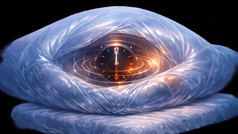 a minute hand repeatedly resetting inside a sealed duvet bubble The Zero-Time Cocoon