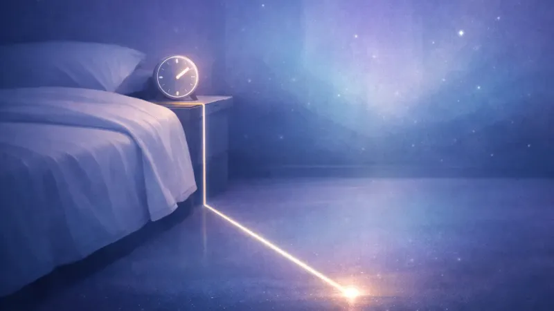 one continuous line of light linking the alarm dial to the floor The First Footfall