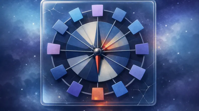 a central needle held motionless by perfectly balanced pulls from identical tab-tiles The Congratulation Tribunal