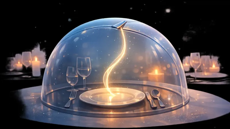 a single clear sound-ribbon passing through a small opened seam in the dome The Small Opening That Changes the Room