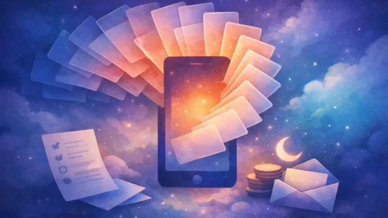 a phone screen spawning a fan of identical app-cards The Moment You Reach for the Scroll