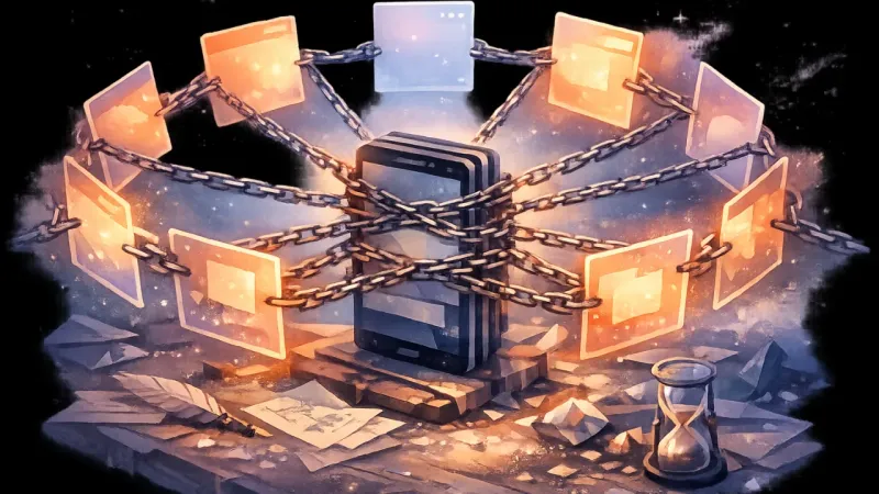 a smartphone pinned in place by a perfect ring of equally tugging app-windows The Ten-Tab Treadmill