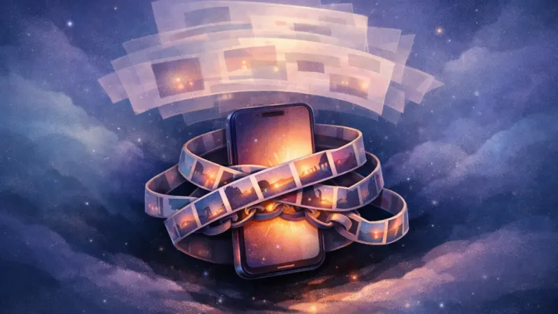 an endless photo-feed ribbon looping back into a chain around the phone The Autoplay Loop of Proof