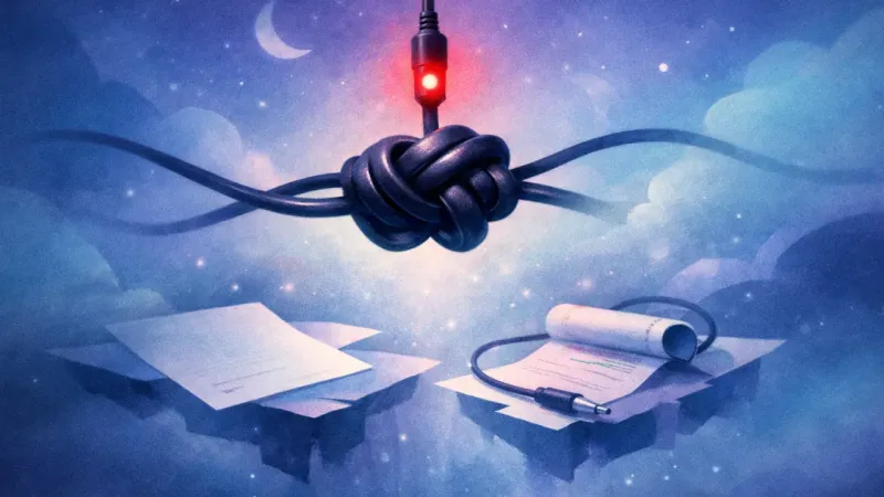 a blinking red record light above a perfectly knotted cable When the Five-Year Question Hits