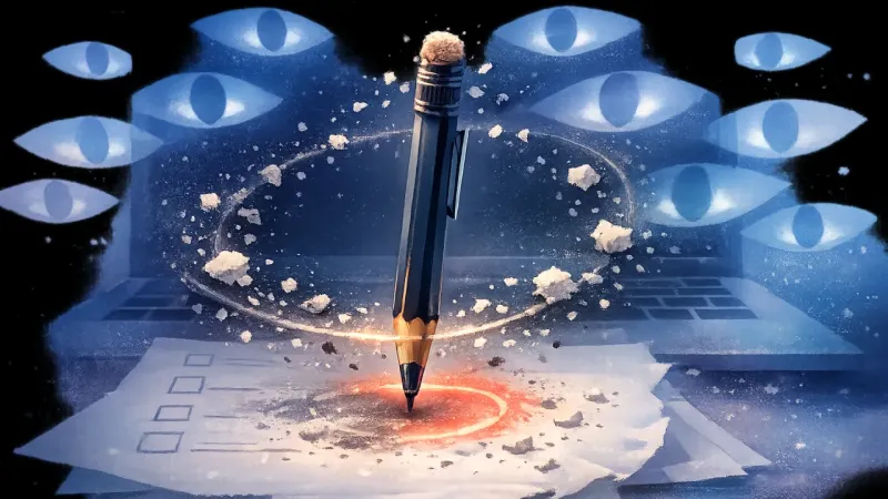 a hovering pencil encircled by eraser crumbs beneath multiplying screen-reflections The Thousand-Eyes Draft