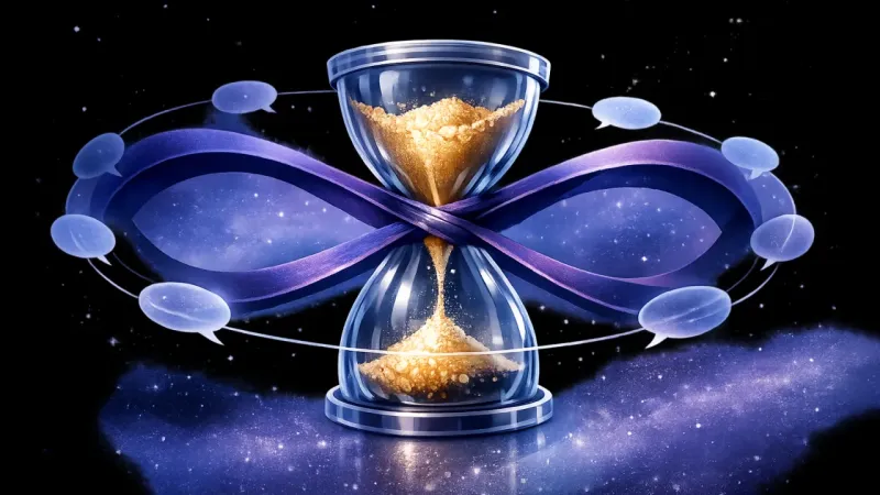 sand jammed at a cinched hourglass throat inside an infinity-loop restraint The Standby Loop