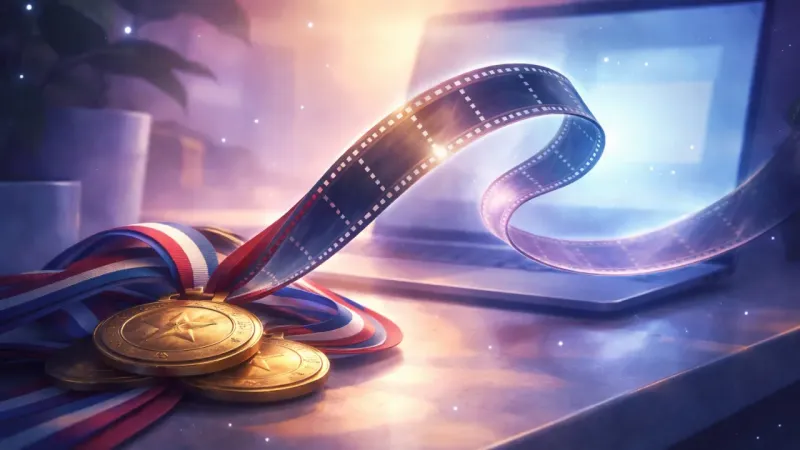 a medal ribbon turning into a looping film strip The Night the Medals Returned