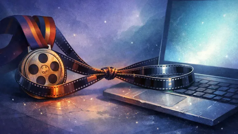 a film-strip ribbon cinched into a closed circuit between medal and laptop glow The Proof Circuit