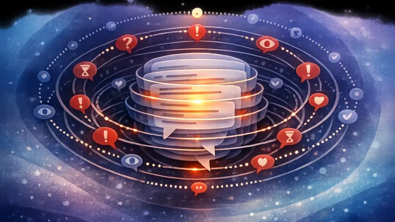 a central chat bubble compressed by concentric rings of identical edits and tone-check symbols The Infinite Edit Loop