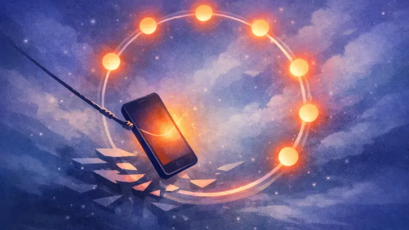 the smartphone held off-center inside a ring of equal notification pull The Loop of the Quick Yes