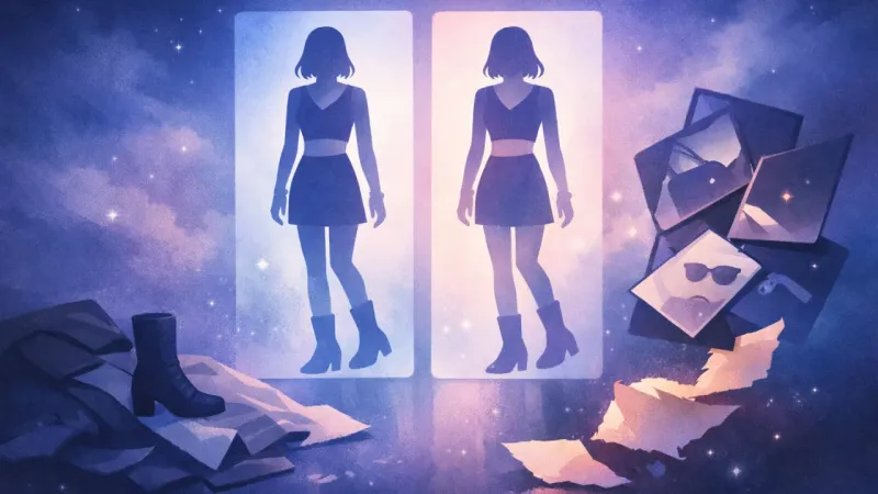 two near-identical outfit silhouettes repeating in a glowing feed grid The Outfit Echo