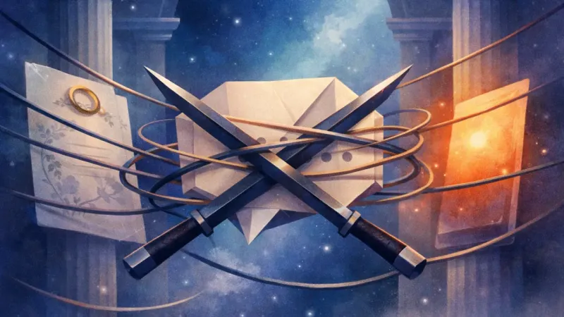 a chat bubble held motionless behind crossed blades as identical strands tighten evenly The Polite Stalemate