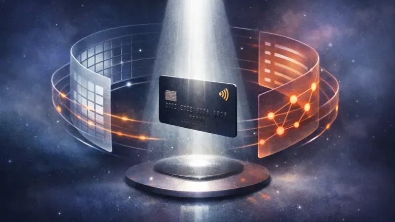 a card held mid-air by a hard spotlight while identical audit-panels orbit like a tightening collar The Spotlight That Won’t Turn Off