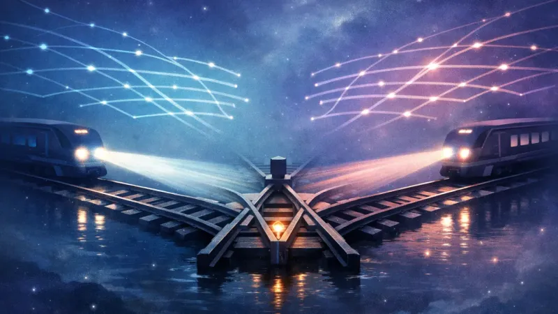 a track switch pinned at dead center by two equal approaching headlight beams and perfectly mirrored routes The Platform of Calculated Stops