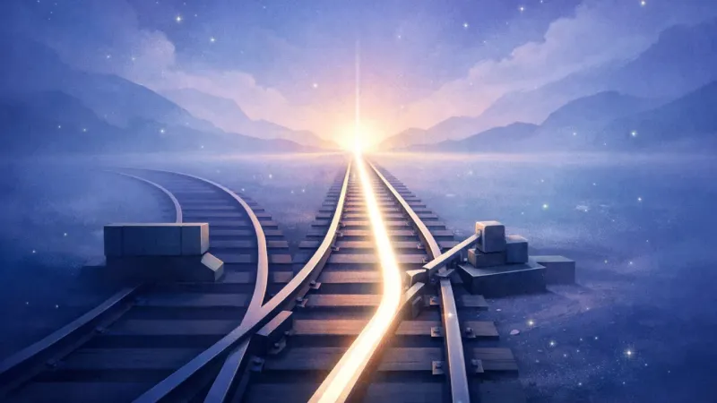 one bright rail-line claiming priority as the switch aligns and the alternate route softens into a clear limit The Chosen Spur