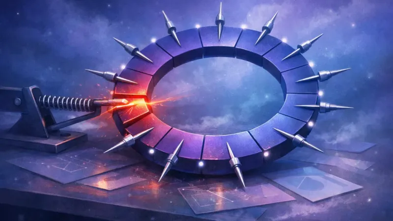 a segmented timer ring snapping back to its start notch under a perfect ring of identical tripwire needles The Perfect Start Loop