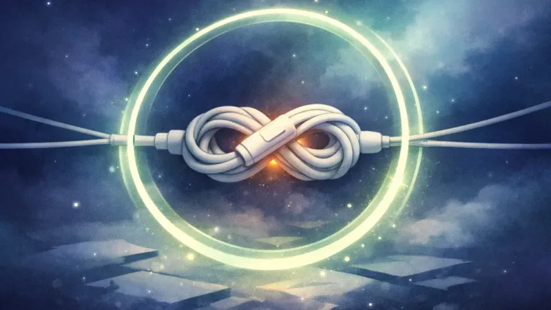 a flawless figure-eight cord-knot caught inside a repeating progress ring The Loop That Feels Like Home