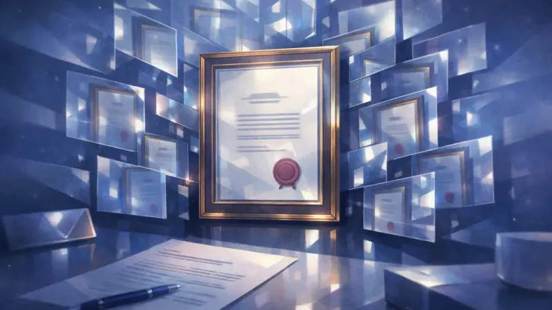 a framed letter mirrored into dozens of small reflections The Acceptance Letter That Never Retired