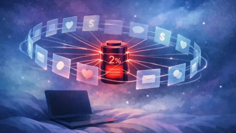 a near-dead battery core held in place by a perfectly looping ring of tabs The Tab-Swarm at 2%