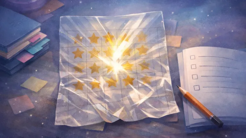 a blurred gold-star grid under harsh glare with untouched practice questions just out of reach The Glare of the Old Scoreboard