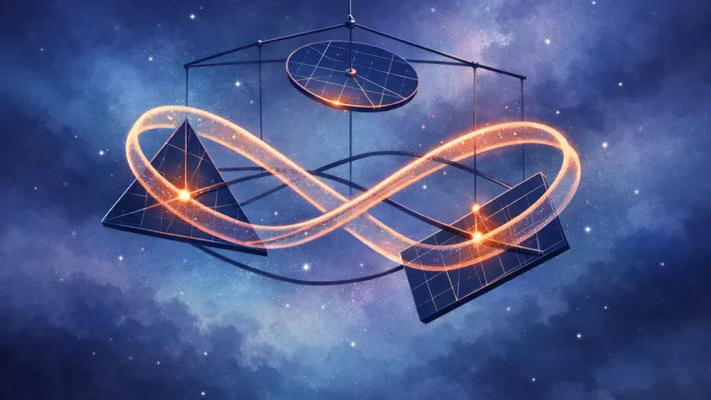 three spinning plates bound by an infinity-loop tether that keeps them mutually unsettled The Dark Juggle