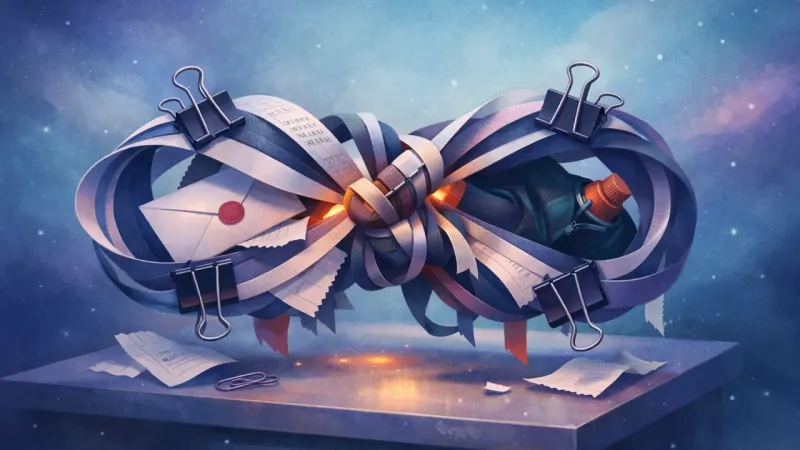 a knotted infinity ribbon cinched by evenly spaced anchor-clips The Counter That Can’t Close