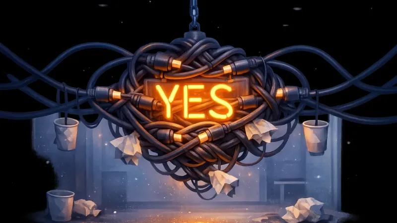 the neon sign trapped at the center of a perfectly looping, self-feeding cord knot The Always-On Landing Pad