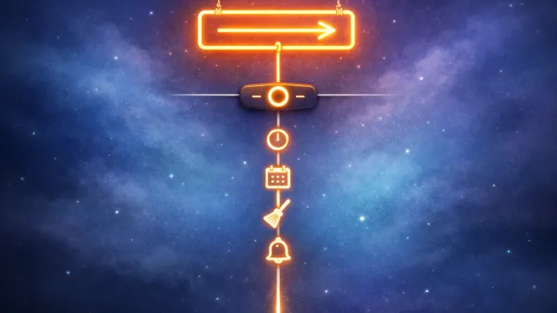 a single bright cord-line running from the sign through a timer module, with the other cords dimmed into background spir The Chosen Hours