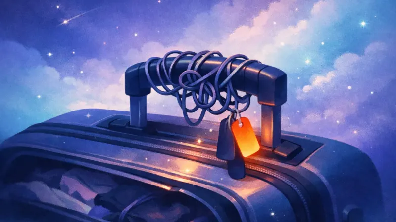 a suitcase handle knotted with cord-like loops that resemble a message thread The One-Way Pause