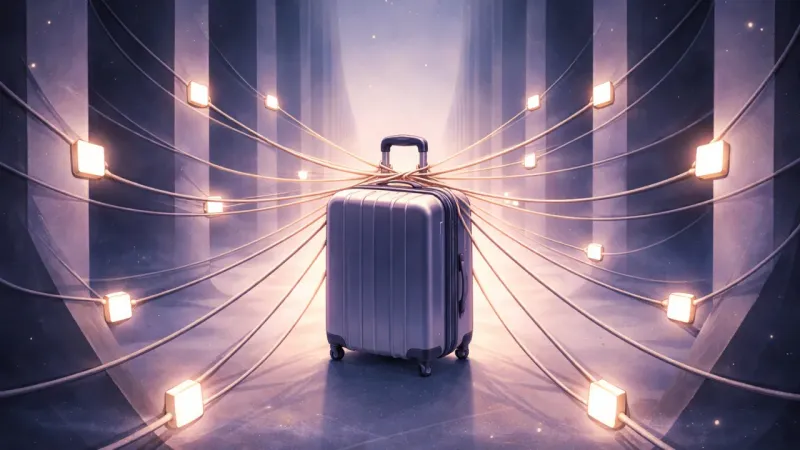 a suitcase handle cinched by perfectly symmetrical tethers that cancel each other’s pull The Luggage of Other People’s Feelings