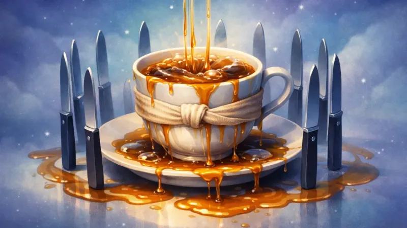 an overfilled teacup cinched by linen, trapped inside a perfectly even ring of knife-blades The Polite Interrogation Spiral