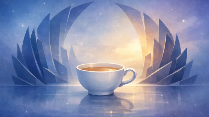 the cup’s handle aligned with a widened gap in the blade-ring, above a calm, level surface The Stated Line