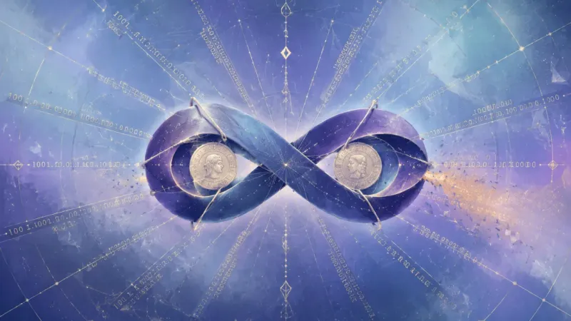 two coins trapped inside a tightening infinity loop, held in place by perfectly symmetrical number-lines The Courtroom Loop