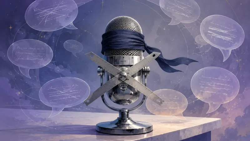 a muted microphone pinned by crossed blades while draft-speech bubbles orbit without escaping The Mute Harness of Shame