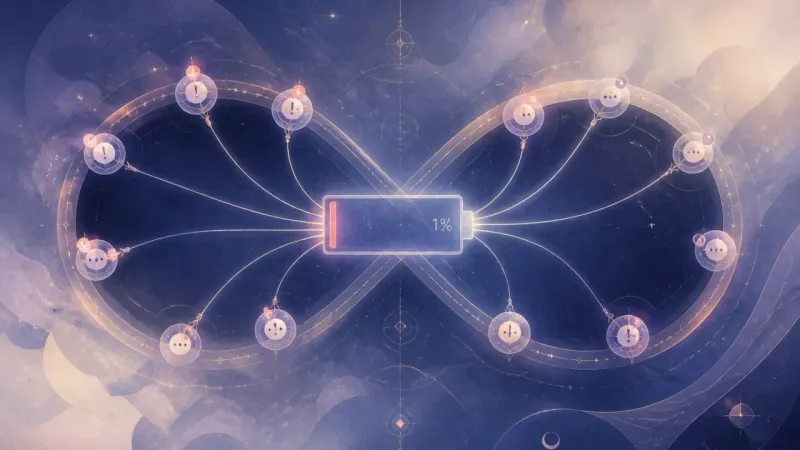 an almost-empty battery tethered by identical cords to an infinity loop of rotating alert icons The 1% Gridlock