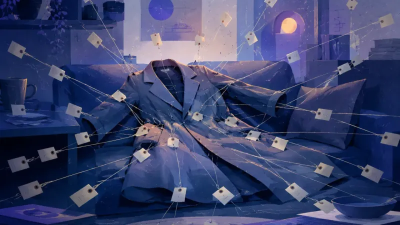 a coat pinned down by dozens of taut, identical tags pulling in all directions The Couch of Constant Catch-Up