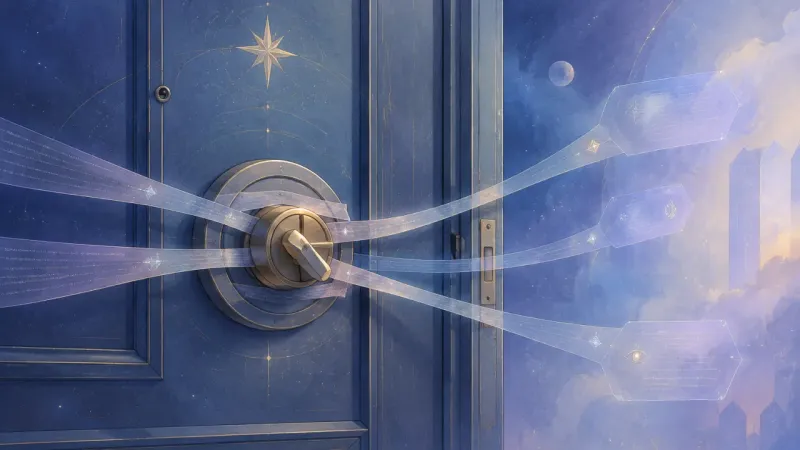 a deadbolt held mid-turn by equal, translucent fine-print tethers The Door That Never Truly Locks