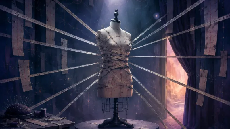a dress form held rigid at the center of a radial web of measuring tapes under a glaring spotlight The Backstage Trial