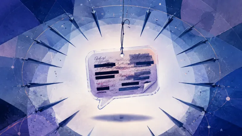 a revised-and-redacted name tag pinned in place by a perfectly symmetrical ring of inward-pointing blades The Spotlight Tribunal