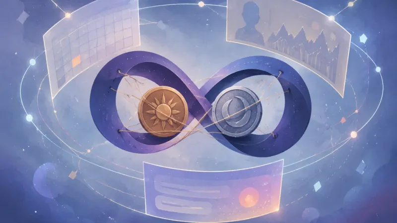 two coins cinched inside an infinity loop while work-panels keep re-orbiting and restarting the motion The Loop of the Unsent Ask