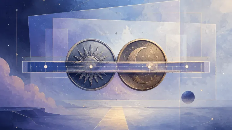 two coins secured together by a straight, notched band that reads as a timeline The Measured Proposal