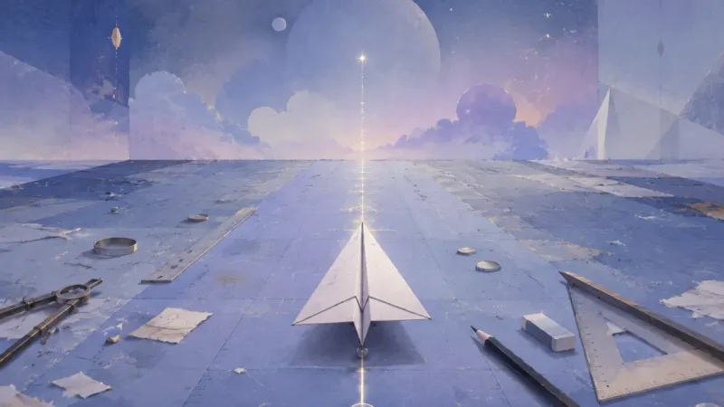 a folded paper airplane aligned to one bold centerline as the remaining perfect-symmetry marks fade into the background The First-Motion Lane