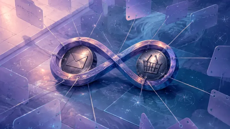 two tokens bound by a taut infinity-loop ribbon while identical tab-rectangles tug from all sides The Infinite Tabs Without Home