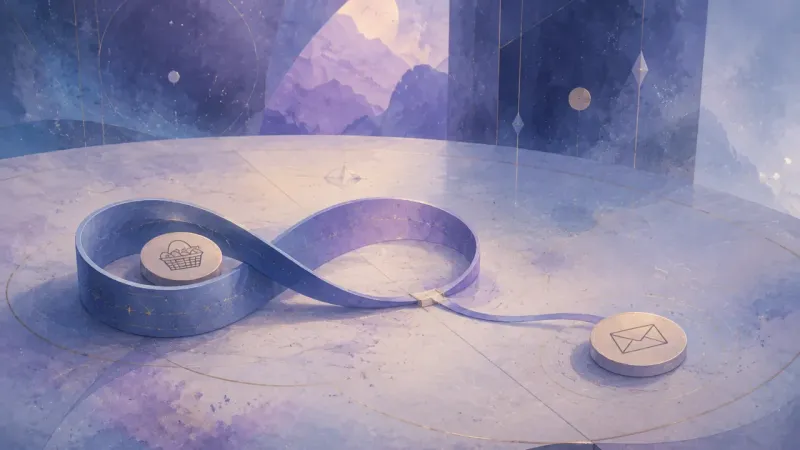one thickened ribbon-cradle holding the grocery token while a single thin strand points to the envelope token The Minimum Viable Reset