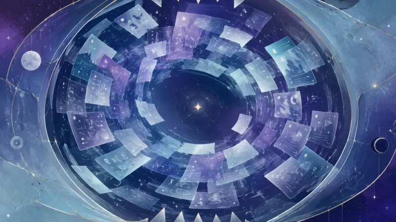 a bright swarm of screenshot tiles circling a blank center within a jaw-tight phone frame The Saved-for-Later Snare