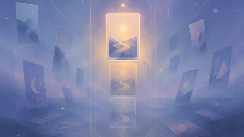 one softly glowing tile guiding a quiet, repeated echo-line through a dimmed stack The First Lever