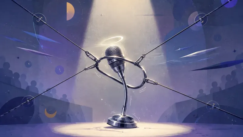 a microphone trembling in a spotlight as equal tension-cords pull its guard ring out of shape The Mic-Grab Stalemate