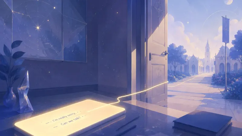 a thin luminous line exiting the phone and aligning with the open gap of the door The First Concrete Step